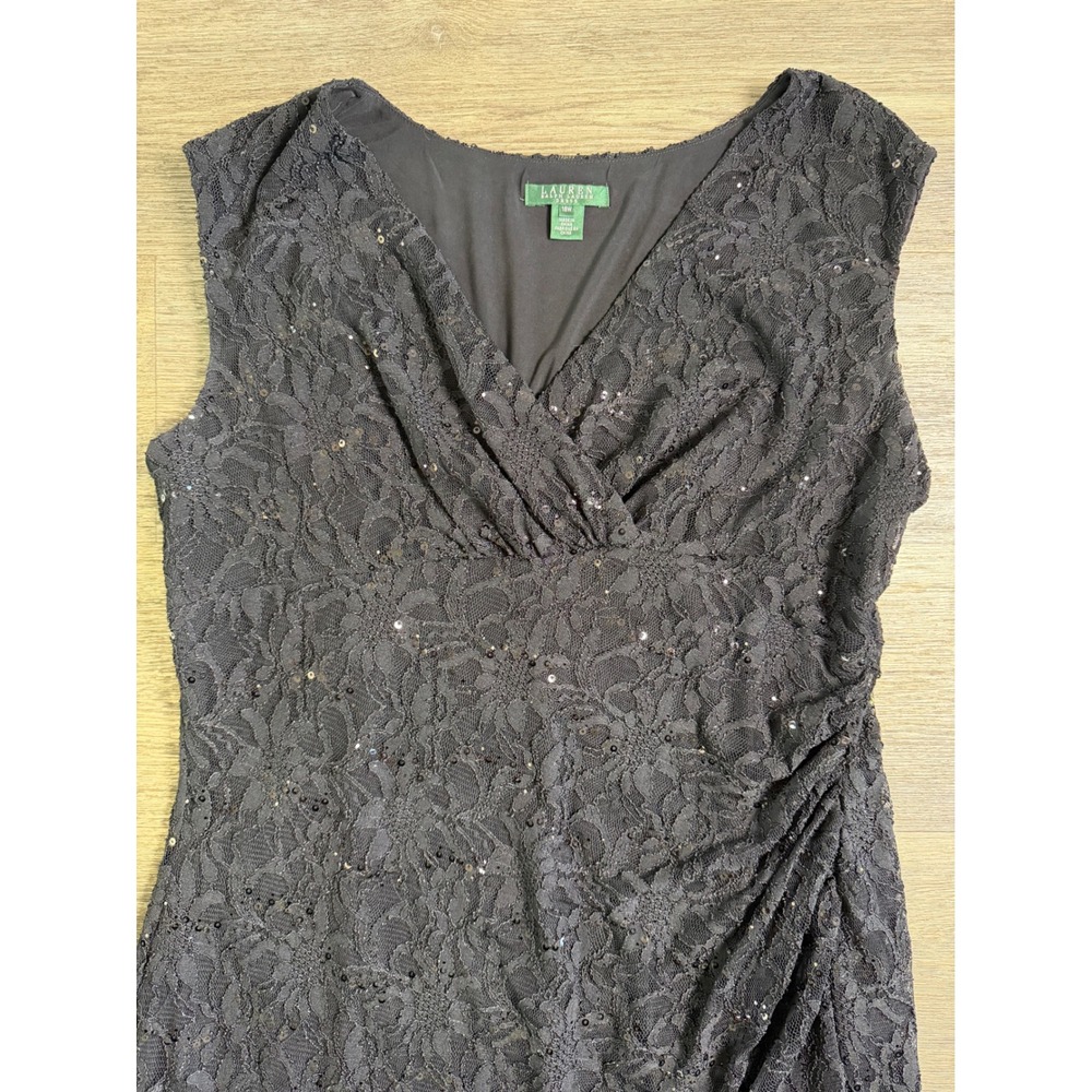 Lauren Ralph Lauren Black Sequin Lace Ruched V-Neck Cocktail Dress 18W - Picture 3 of 9